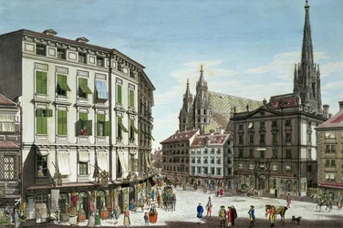 Stock-im-Eisen-Platz, mit dem Stephansdom im Hintergrund, graviert vom Künstler, 1779